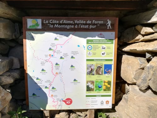 La Côte d'Aime hiking trail map displaying mountain routes and wildlife in Vallée de Foran near Aime la Plagne