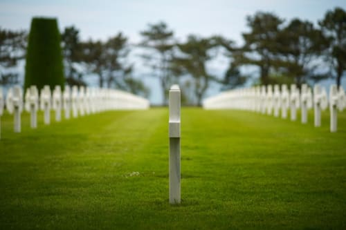 White military cemetery crosses at L'Ermitage in Saint-Vaast-la-Hougue, France