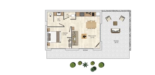 Floor plan of 38m² villa at Villas Lantana in Lecci with bedroom, living area, kitchen, and terrace