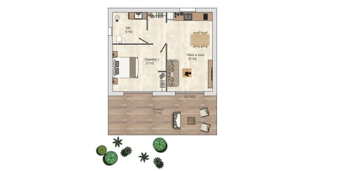 Floor plan of 45m² 1-bedroom villa at Villas Lantana, Lecci with bedroom, living area, kitchen and terrace