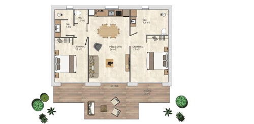 Floor plan of 66m² 2-bedroom villa at Villas Lantana, Lecci with living area, kitchen, bedrooms and terrace.