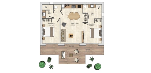 Floor plan of 60m² 2-bedroom villa at Villas Lantana, Lecci with living area, kitchen, bedrooms and terrace.
