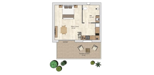 Studio apartment floor plan at Villas Lantana, Lecci with bedroom, living area, kitchenette, bathroom, and covered terrace
