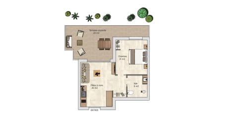 Grundriss einer 1-Zimmer-Gartenwohnung in der Villas Lantana, Lecci. Schlafzimmer, Wohnbereich, Küche, Terrasse und Außenbereich