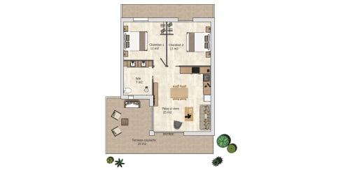 Grundriss einer 2-Zimmer-Wohnung in der Villas Lantana, Lecci. Mit zwei Schlafzimmern, Wohnbereich, Küche, Badezimmer und überdachtem Bereich.