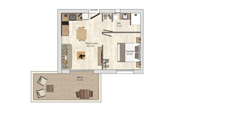 Grundriss eines 1-Zimmer-Apartments in der Villas Lantana in Lecci mit Wohnzimmer, Schlafzimmer, Balkon und Küche.