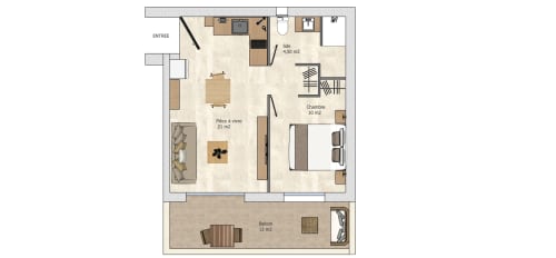 Floor plan of 1-bedroom apartment at Villas Lantana in Lecci with living area, kitchen, bedroom, bathroom, and balcony.