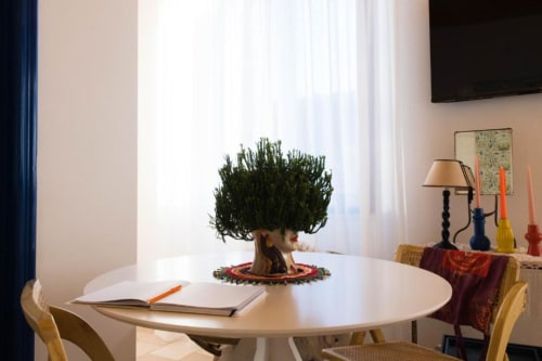 Bright Deluxe Room at Le Vajane B&B in Torino di Sangro with round white table, plant centerpiece, and garden view through