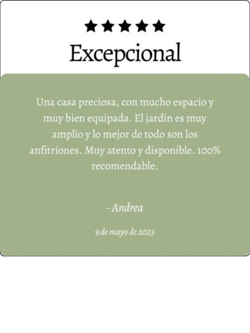 Reseña de cinco estrellas para Casa Rural Villa del Jerte destacando alojamientos espaciosos y amenidades de jardín