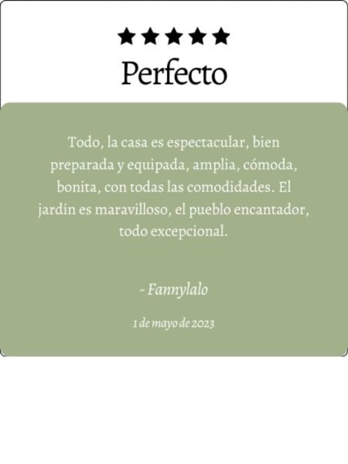 Reseña de cinco estrellas para Casa Rural Villa del Jerte elogiando la espectacular casa, jardín y encantador pueblo - 1 de mayo de 2023