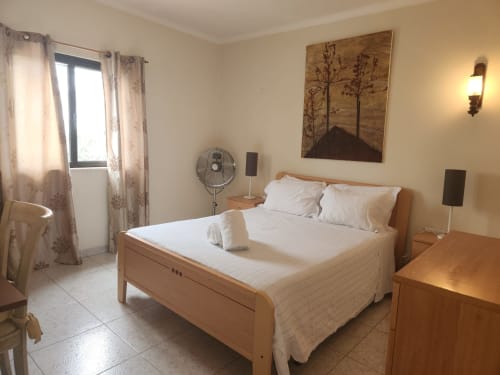 Quarto duplo ensolarado na pousada Sunny House em Lagos com cama de madeira, ventilador, janela e arte botânica na parede