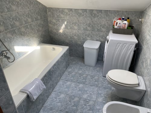 Bagno moderno negli Apartments Rigiariloo Home a San Giacomo degli Schiavoni con vasca, toilette, lavatrice e finiture grigie