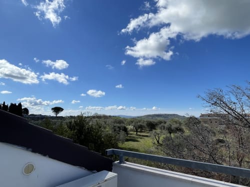 Vista della campagna toscana dal balcone di Rigiariloo Home Apartments con uliveti e montagne lontane sotto cielo azzurro
