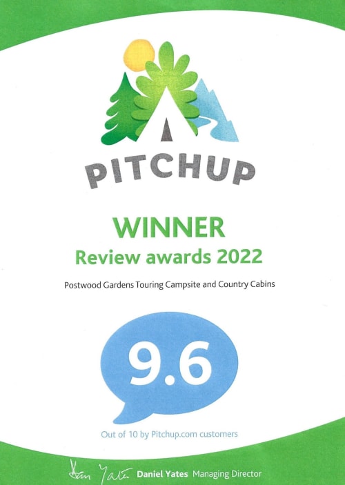 Pitchup Review Awards 2022 Winner certificate for Postwood Gardens Campsite, rated 9.6/10