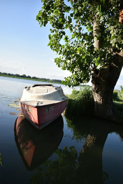 Barca da pesca bianca e rossa ormeggiata sotto un salice accanto all'acqua cristallina di Mantova, Italia
