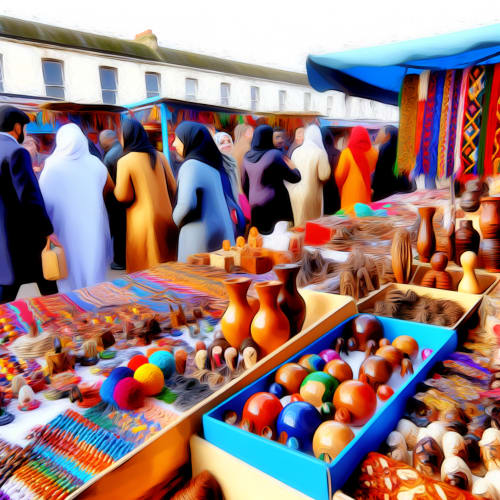 An artisanal market bustling with colorful handcrafted goods and vibrant displays.