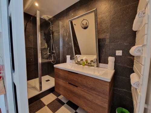 Modern bathroom in Coriandre room at Domaine de l'Oie Rouge B&B, featuring dark tile walls, wooden vanity, mirror, shower,