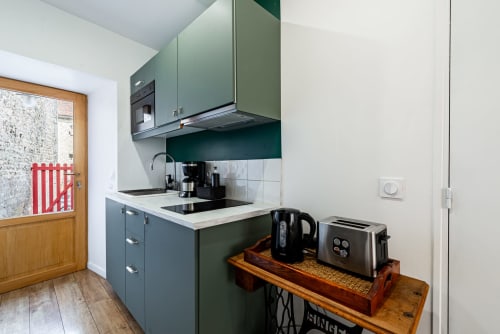 Modern kitchenette in Logis Camille apartment at La Maison George, Flavigny-sur-Ozerain, featuring green cabinetry, white
