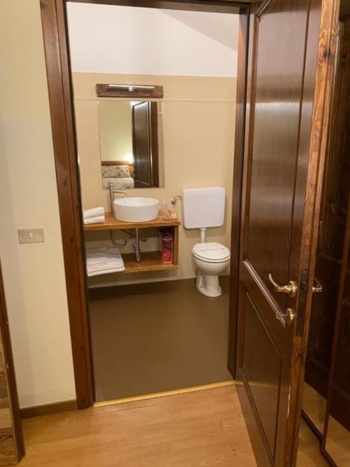 Modern bathroom at Hotel Le Clou in Arvier with round white sink, toilet, mirror, and wooden vanity with storage shelves