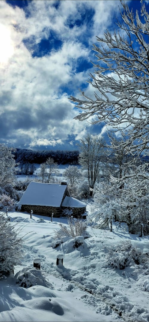 Gîte Le Four enneigé au Mas De Rigoulac à Argences-en-Aubrac, entouré d'arbres givrés en hiver