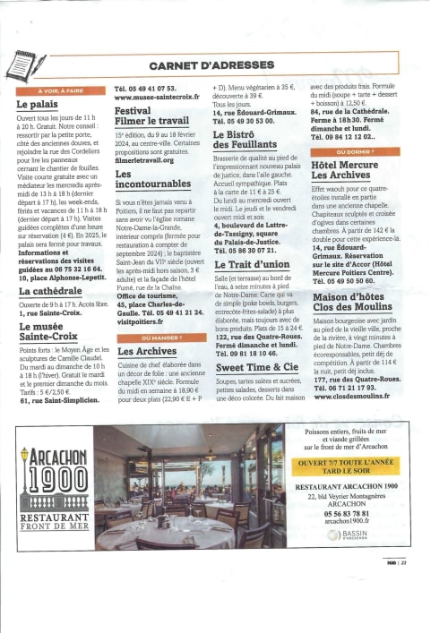 Carnet d'Adresses directory page listing Poitiers accommodations including Clos des Moulins guesthouse