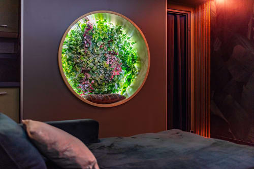 Mur végétal circulaire illuminé au-dessus du lit dans l'appartement spa L'Insolite, Toulouse