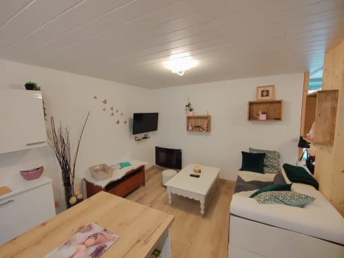 Appartement cosy à Location MarjoRI au Lauzet-Ubaye avec séjour, TV, mobilier en bois et vue sur les montagnes