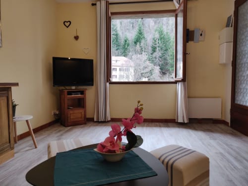 Appartement moderne à Location MarjoRI avec vue sur les montagnes, salon avec TV, mobilier et fleurs rouges sur la table