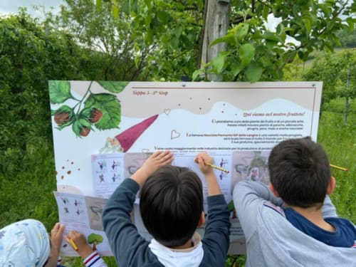 Bambini che interagiscono con segnaletica educativa all'aperto presso Dimora i Manichei, una guest house a Monforte d'Alba, Italia