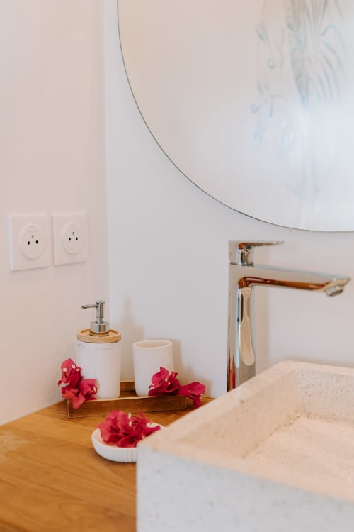 Lavabo moderne à l'Habitation I'SEO avec fleurs rouges, distributeur de savon et robinet chromé à Sainte-Anne
