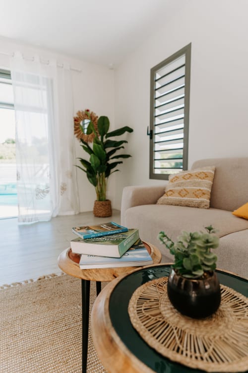 Séjour moderne et lumineux à l'Habitation I'SEO à Sainte-Anne avec plante tournesol, canapé beige, table d'appoint en bois