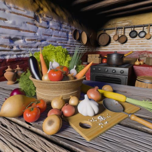 Cocina rústica con ingredientes típicos de Castilla y utensilios tradicionales