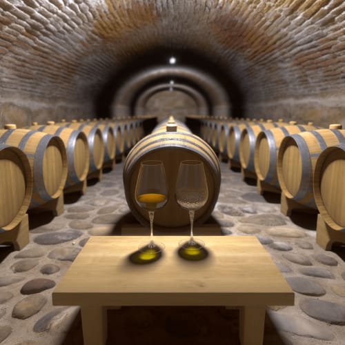 Bodega subterránea con barricas de vino y copas listas para degustar