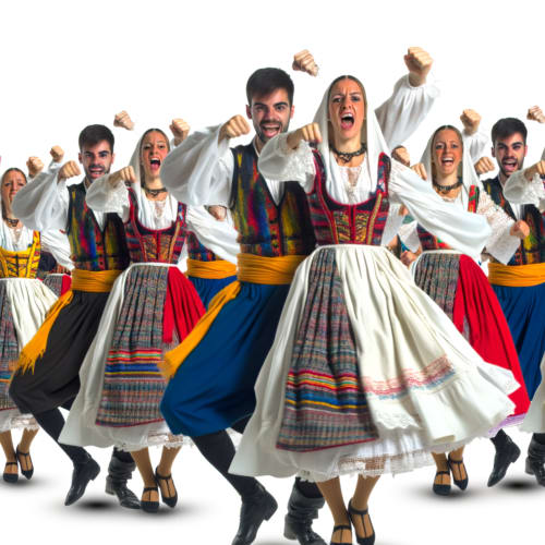 Grupo de bailarines con trajes típicos regionales durante una actuación