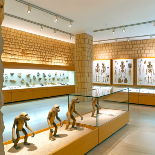 Sala del Museo de la Evolución Humana con restos fósiles y reconstrucciones de homínidos