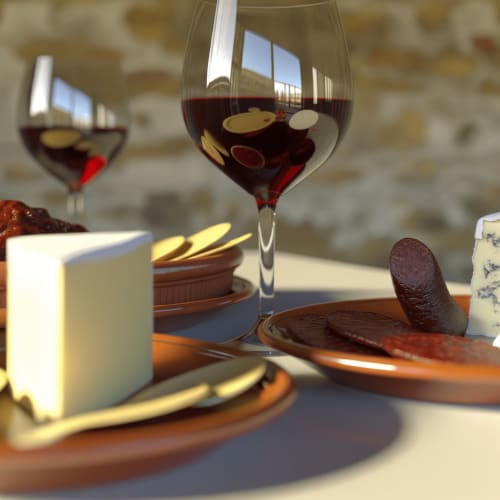 Mesa con tapas tradicionales de Burgos y una copa de vino tinto