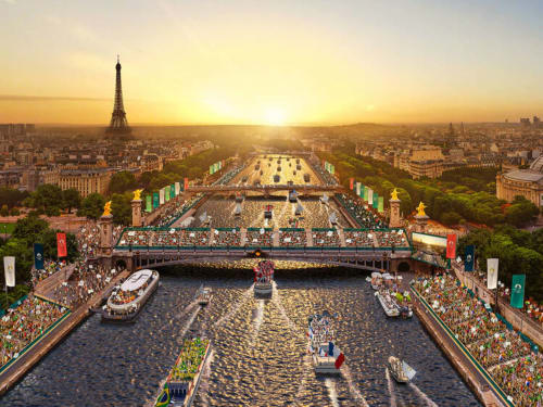 Paris Olympic ceremony at Trocadéro with Eiffel Tower sunset view