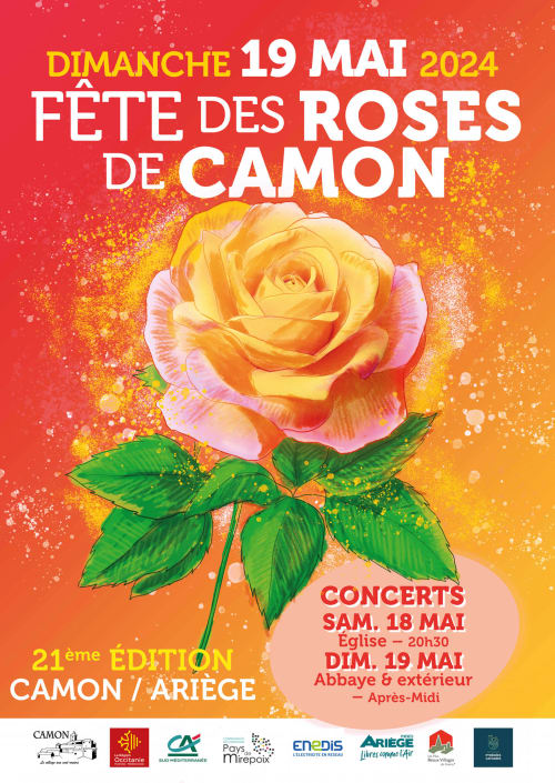 Affiche de la 21ème édition du Festival des Roses de Camon, 19 mai 2024 en Ariège, avec roses jaunes et roses