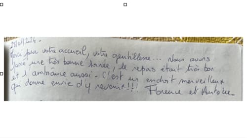 Note manuscrite d'un client à la Villa Valtin, gîte du Valtin
