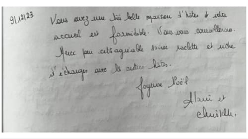 Lettre manuscrite en français datée du 9/11/23 avec vœux bienveillants pour la maison d'hôtes Villa Valtin au Valtin