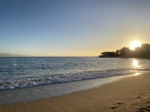 Vue du coucher de soleil sur la plage d'Alata, France, avec sable doré, vagues douces et arbres côtiers silhouettés à l'horizon