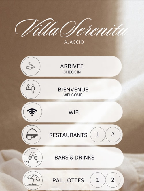 Livret d'accueil numérique de la VillaSerenita Ajaccio avec enregistrement, accueil, WiFi, restaurants, bars et accès plage
