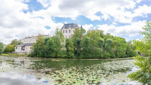 Le Fassardy château with tower overlooking lily pad-filled pond, Châteauroux France bed and breakfast