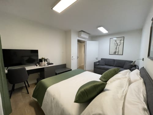Camera moderna dell'Hotel Saint Michel a Gorizia con letto, scrivania, TV, divano grigio e vista sulla città