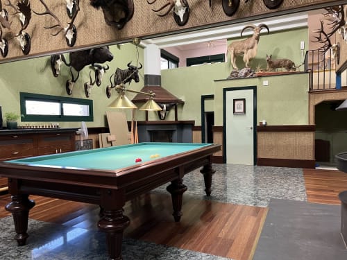 Sala de recreo en Villa Luxury PLUS con mesa de billar turquesa, trofeos de caza y decoración rústica cerca de Puy du Fou, Arges, Toledo, España