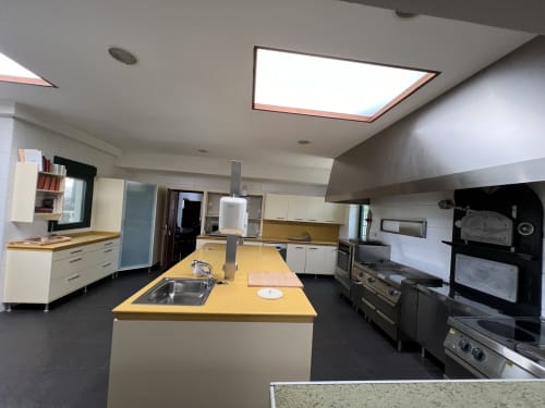 Cocina industrial moderna y equipada en Villa Luxury PLUS con isla amarilla, electrodomésticos de acero inoxidable, tragaluz cerca de Puy Du Fou, Arges, Toledo, España. Incluye Fuefos para paelleros, vitroceramicas, horno de leña, plancha industrial, freidora industrial, horno, lavavajillas y cámaras frigoríficas.