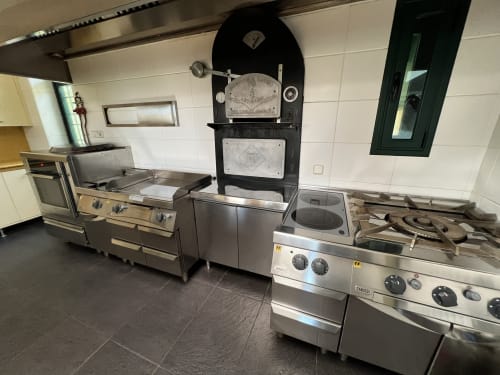 Cocina profesional con electrodomésticos de acero inoxidable, estufa de gas, plancha industrial, freidora industrial, horno, vitro y horno de leña en Villa Luxury PLUS de lujo cerca de Puy Du Fou, Arges, Toledo, España