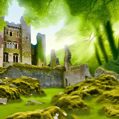 Ancient ruins of Llanhamlach Castle amid nature