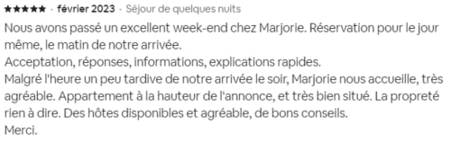 Avis cinq étoiles pour la maison d'hôtes de Marjorie au Lauzet-Ubaye, février 2023, félicitant l'accueil et les hébergements