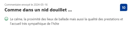 Avis client vantant l'ambiance paisible de l'hôtel MarjoRI, les sentiers de randonnée à proximité, la qualité du service et l'accueil chaleureux au